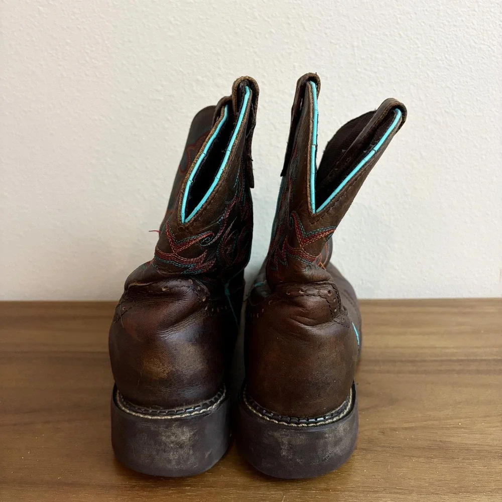Justin Cowboy Boots 11B Brown Leather Turquoise Stitch Western Kids L9607